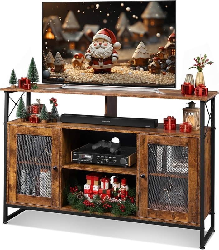 Tall Industrial Tv Stand with Mesh Doors and Storage