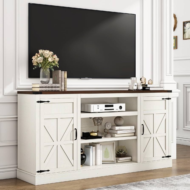 Tall Media Console X-Brace Doors Open Shelving Farmhouse Style
