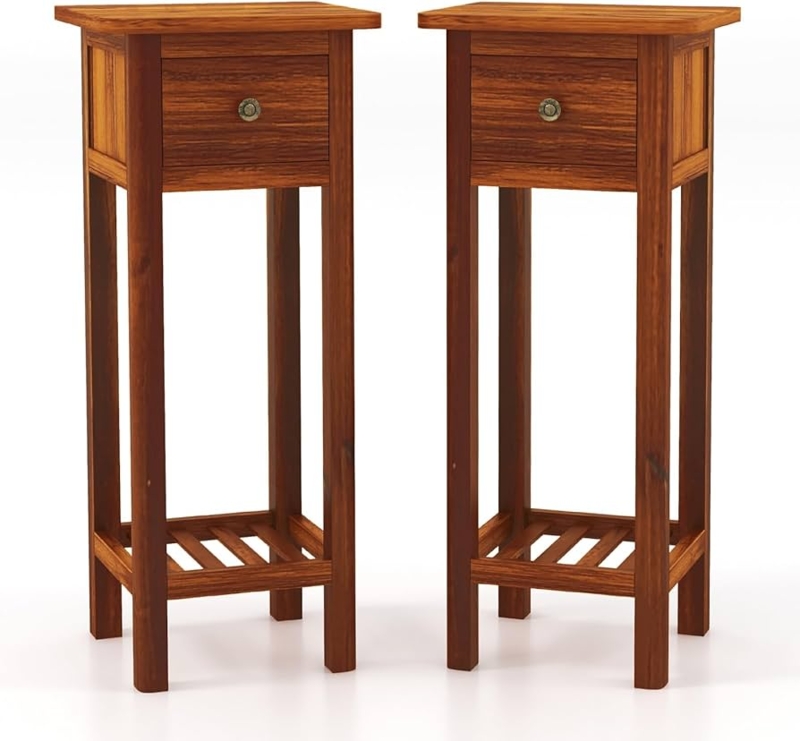 Tall Narrow End Table with Single Drawer Rustic Wood Nightstand