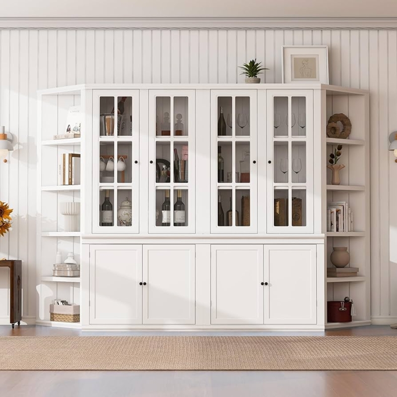 Tall White Modern Farmhouse Hutch Cabinet with Open Corner Shelving