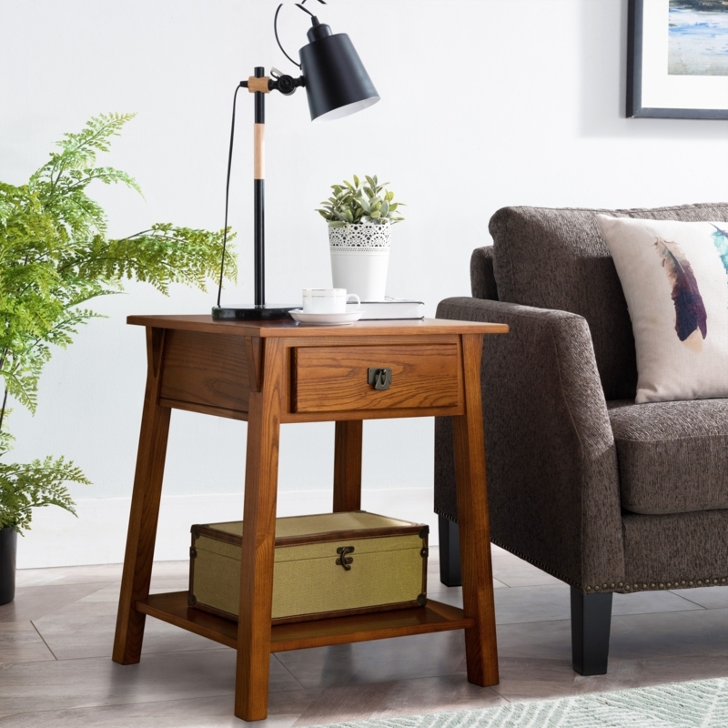 Tall Wood End Table Single Drawer Warm Grain Traditional Accent