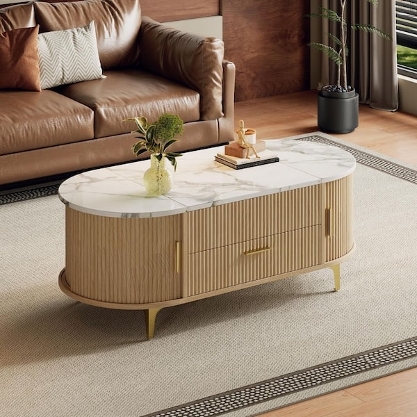 Tambour Coffee Table Oval Natural Wood Ribbed Base Faux Stone Lift Top