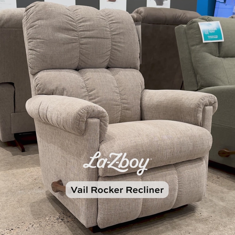 Tan Beige Textured Woven Fabric Rocker Recliner with Rolled Arms