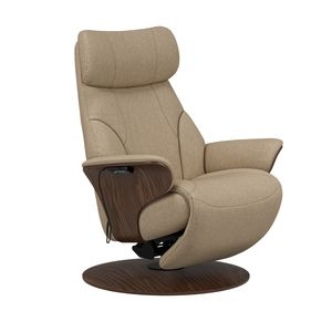 Tan Ergonomic Recliner Chair with Wood Arm Inlays and Swivel Base