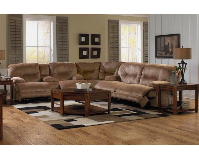 Tan Lay Flat Reclining Sectional Sofa with Plush Channeled Back