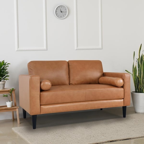 Tan Leather Loveseat, Cognac Color Cylindrical Bolsters