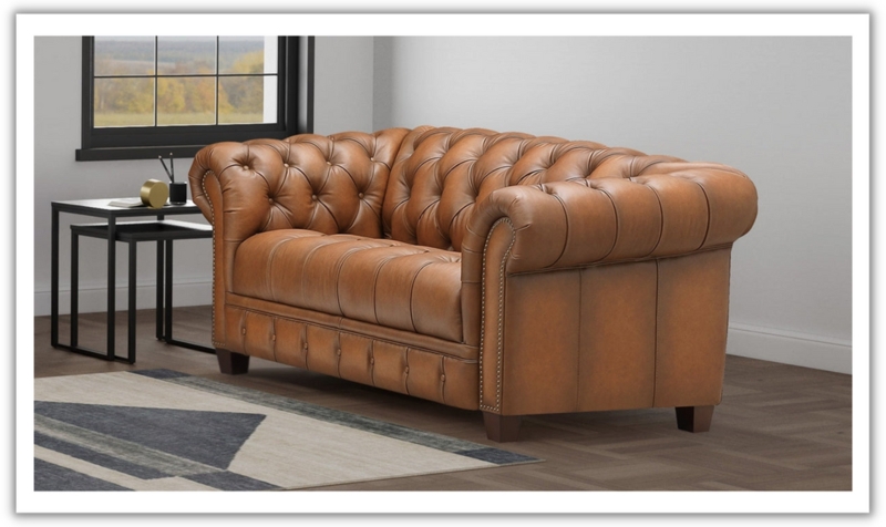 Tan Loveseat with Deep Button Tufting and Rolled Arms