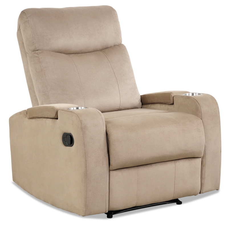 Tan Manual Recliner with Arm Storage and Silver Cup Holders.