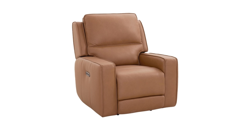 Tan Power Recliner Leather Like Square Arms Power Headrest