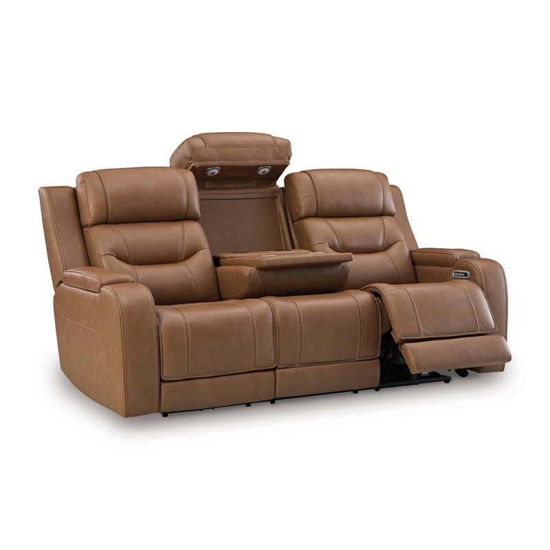 Tan Power Reclining Sofa Fold-Down Console Integrated Lighting