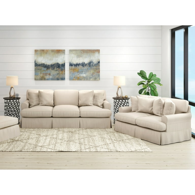 Tan Slipcovered Sofa Set with Track Arms and Skirted Base