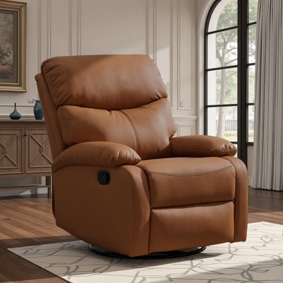 Tan Swivel Rocker Recliner with Plush Tiered Back and Leather Look