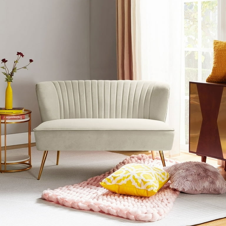 Tan Velvet Channel Tufted Loveseat with Gold Legs