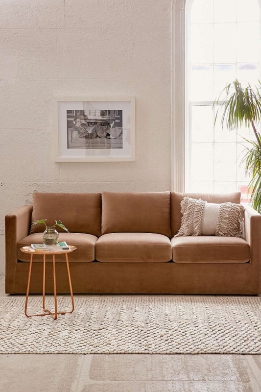 Tan Velvet Sofa in Bohemian Living Room with Copper Accent Table