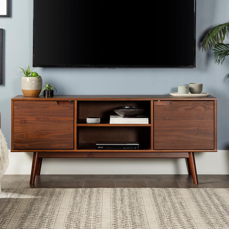 Tapered Leg TV Stand with Cutout Handles in Walnut