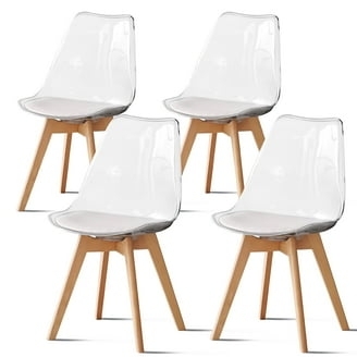 Tapered Wood Leg Dining Chair with Acrylic Shell and White Pad