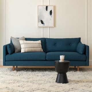 Teal Blue Sofa, Button Tufted, Tapered Wood Legs, Scandinavian