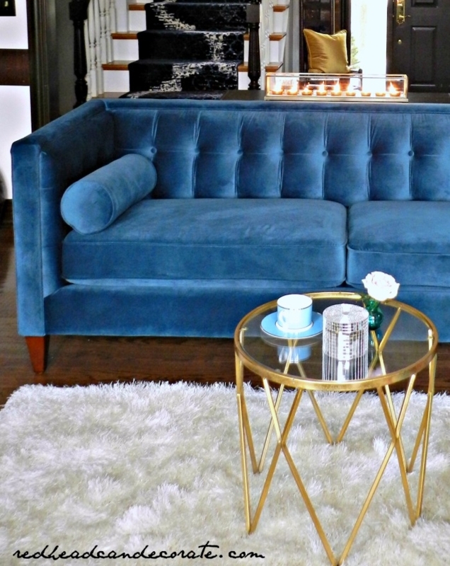 Teal Blue Velvet Sofa, Tufted Back, Bolster Pillows, Mid-Century
