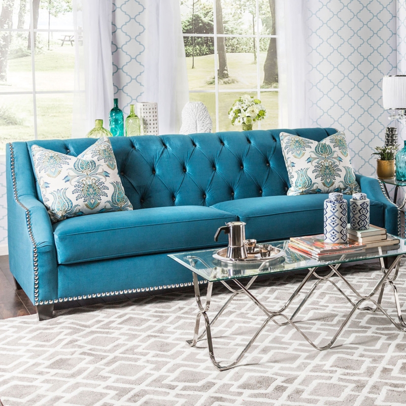 Teal Tufted Sofa with Silver Nailhead Trim Details