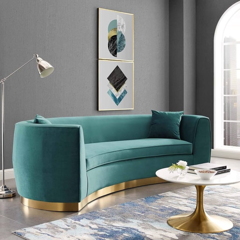 Teal Velvet Curved Sofa with Gold Recessed Base