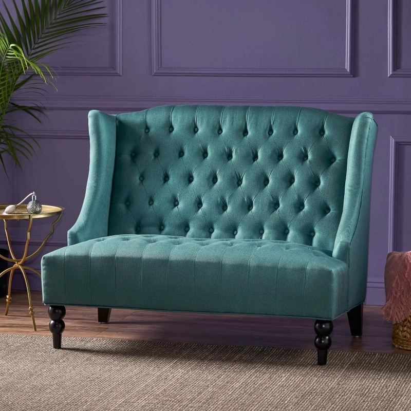 Teal Velvet Wingback Loveseat with Gold Tapered Legs and Diamond Tufting
