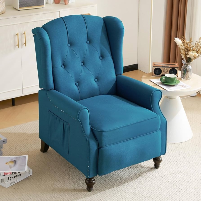 Teal Wingback Recliner with Diamond Tufting and Turned Wood Legs