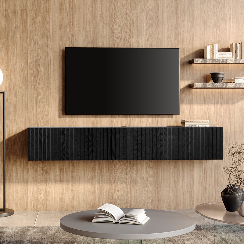 Textured Black TV Stand Wall Mounted with Vertical Slats