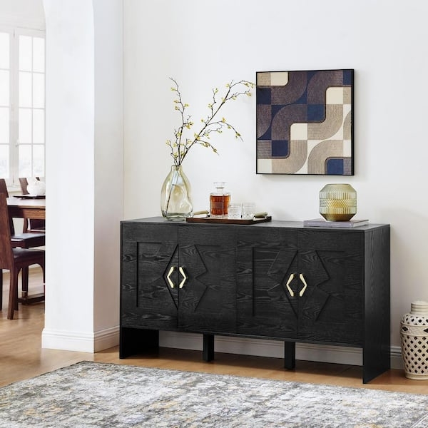 Textured Credenza with Carved Geometric Diamond Patterns