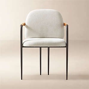 Textured Fabric Dining Armchair Wood Armrest Accents Dark Metal Frame