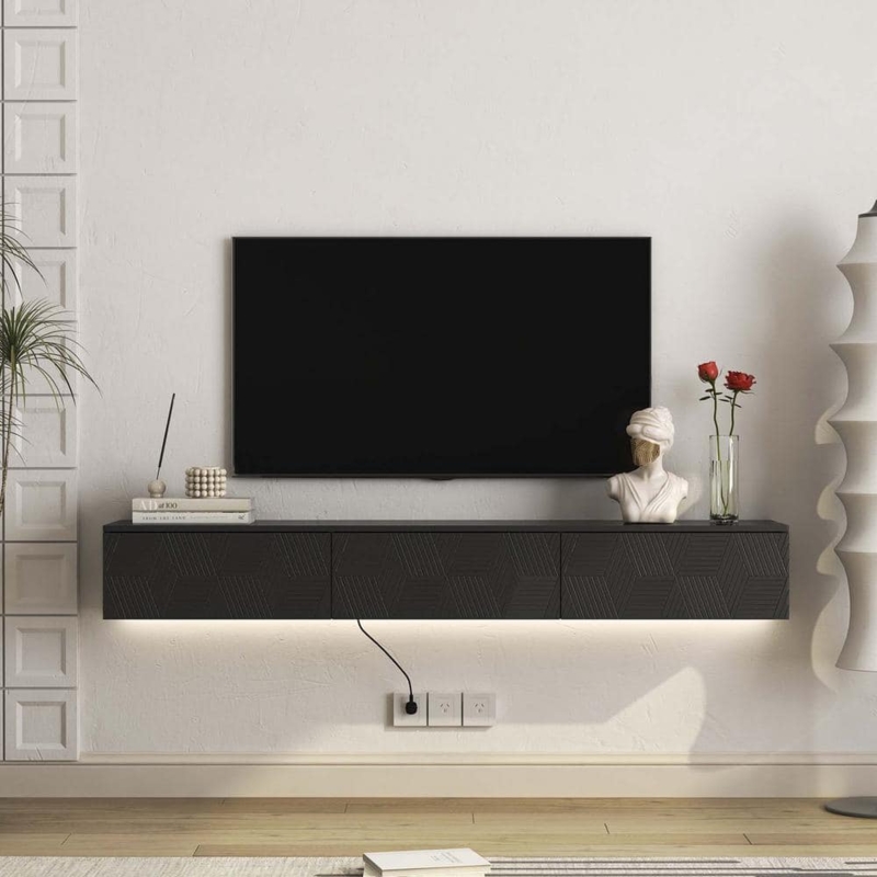 Textured Floating TV Stand Geometric Front LED Lighting