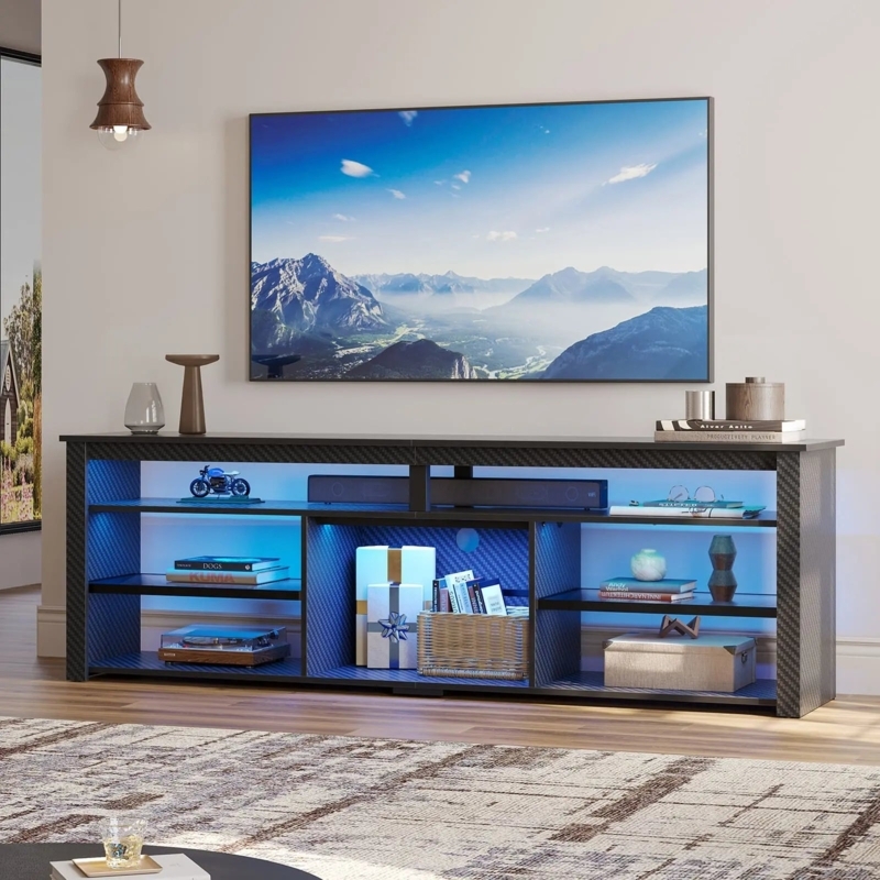 Textured Frame TV Stand with Blue LED and Carbon Fiber Look.