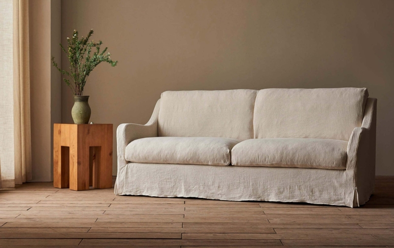 Textured Linen-Look Sofa in Blanched Almond with Flared Arms