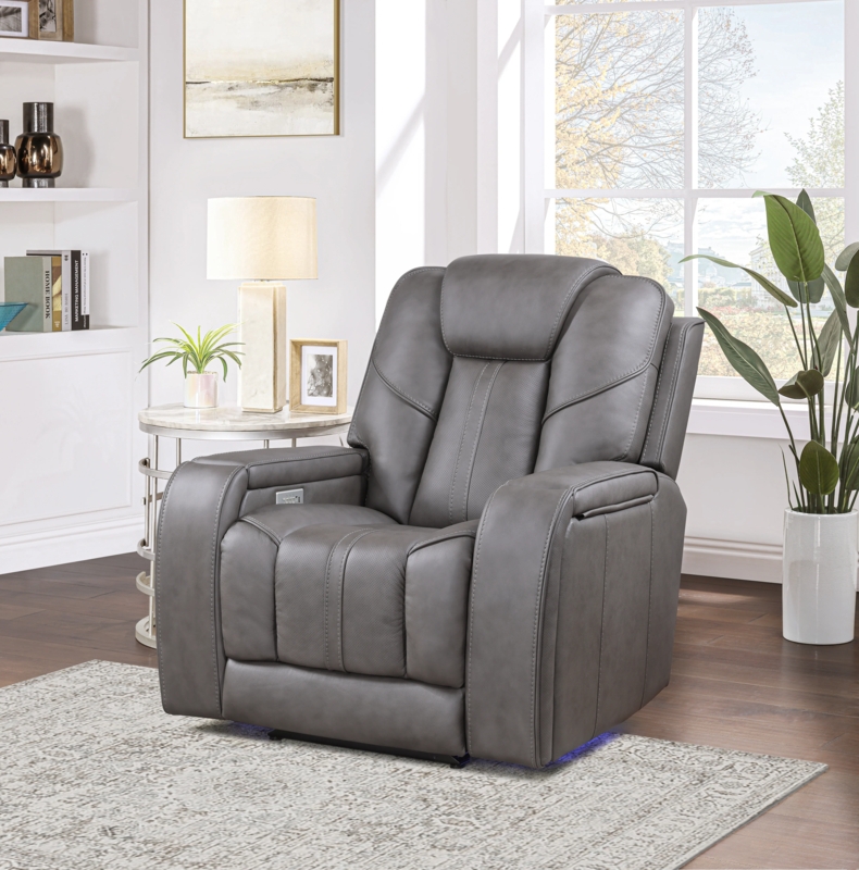 Theater Chair Gray Leather-Like LED Underglow Home Cinema