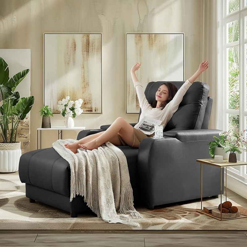 Theater Recliner Oversized Black Leather-like Cup Holders Home Cinema