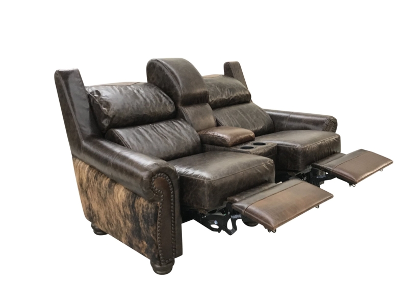 Theater Seating Loveseat with Brindled Cowhide Panels and Center Console
