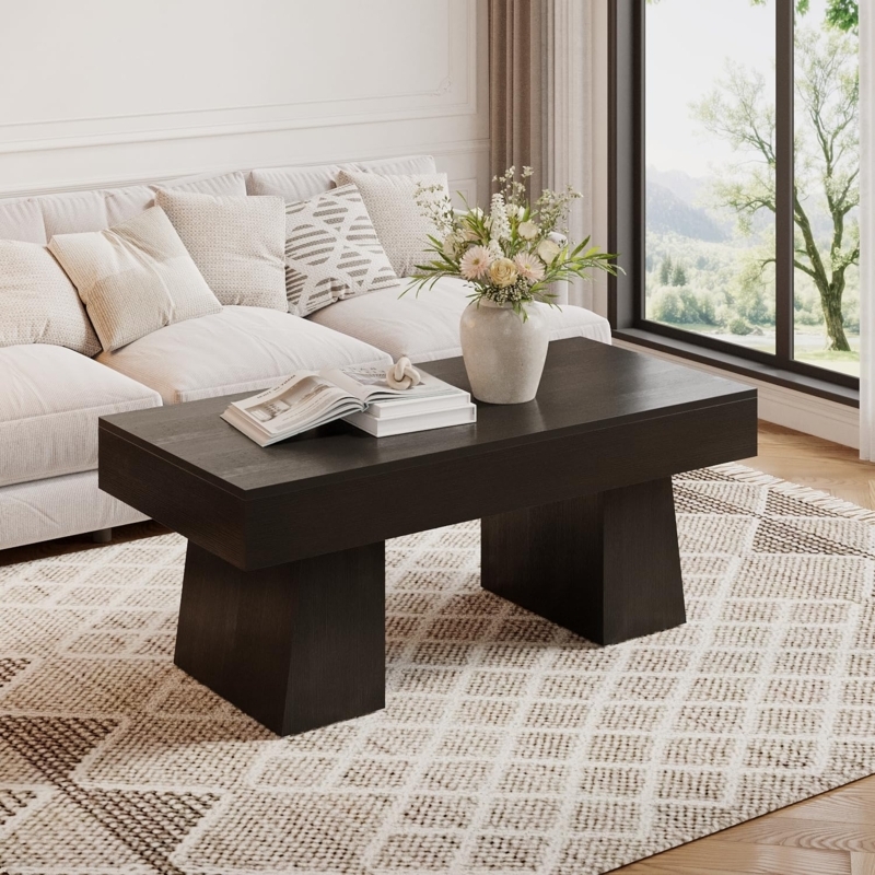Thick Pedestal Legs Coffee Table Architectural Base Dark Espresso Stain