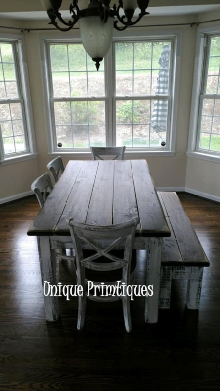Thick Wood Plank Dining Set Bench Slat Back Chairs