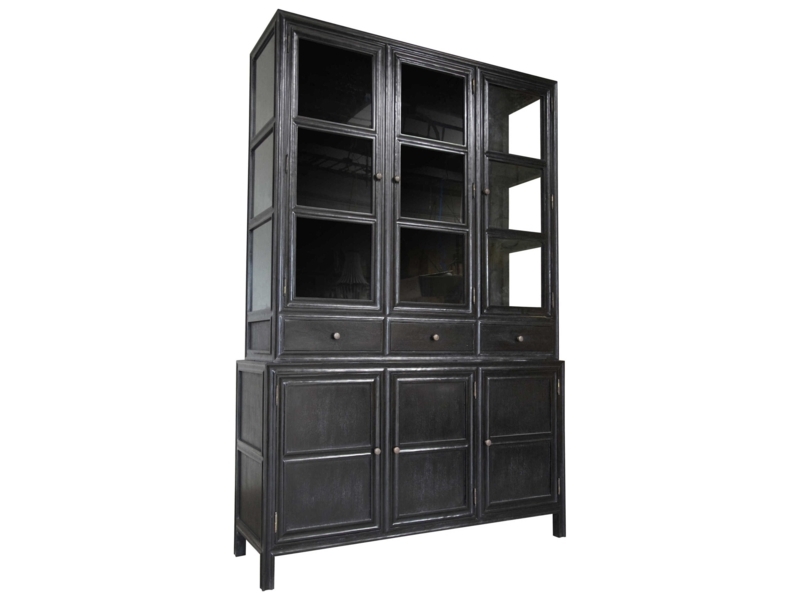 Three Column China Cabinet Hand Rubbed Finish Nine Pane Glass
