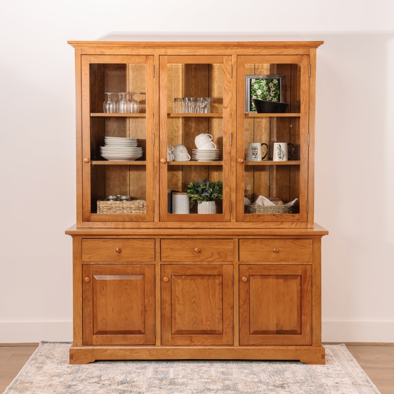 Three Door Symmetry China Cabinet Warm Brown Wood Knobs Farmhouse