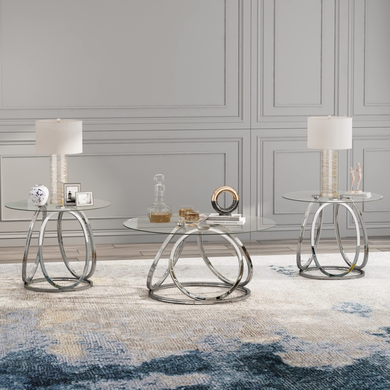 Three-Piece Modern Chrome Coffee Table Set with Round Glass Tops