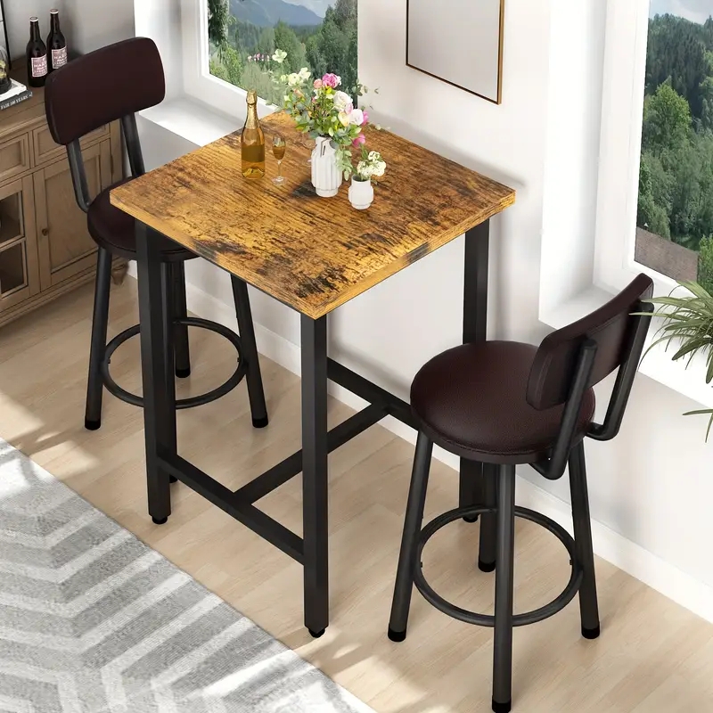 Three Piece Pub Set Rustic Brown Wood Square Bistro Size Upholstered Stools