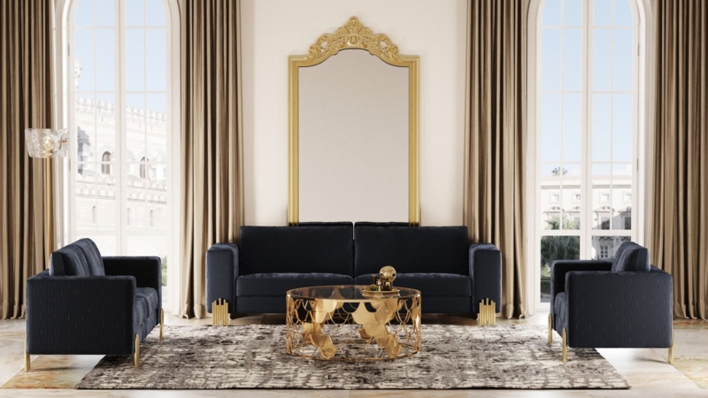 Three-Piece Set Black Velvet Bracket Legs Ribbed Arms
