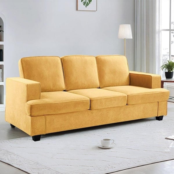Three-Seater Sofa in Modern Mustard Yellow Velvet with Square Arms