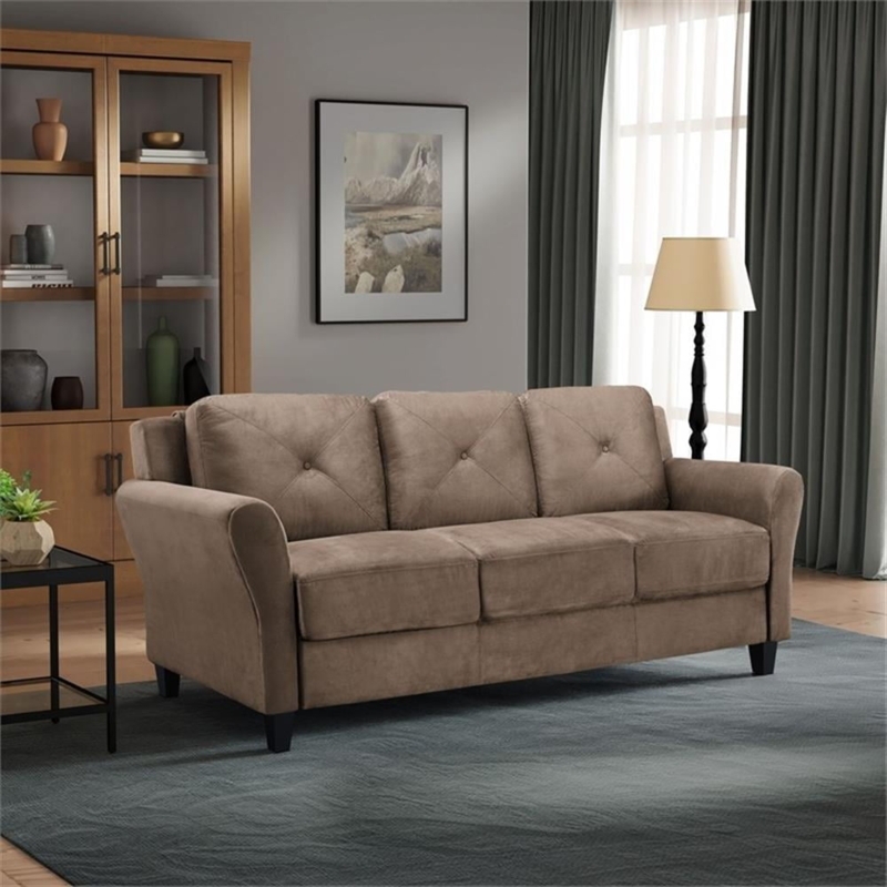 Three Seater Sofa Microfiber Rolled Arms Diagonal Tufting Tapered Legs