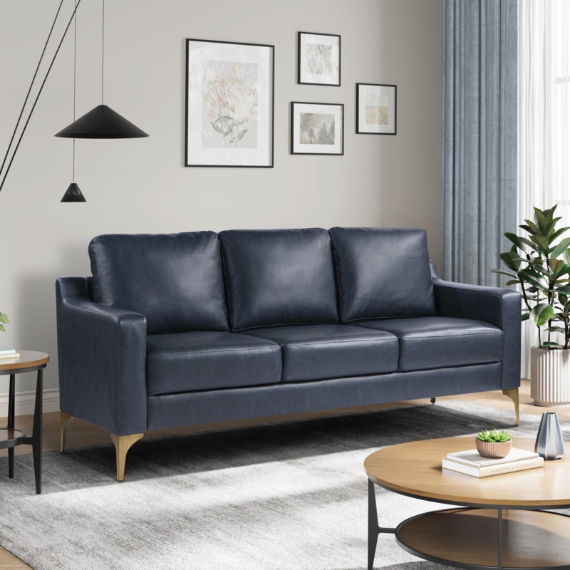 Three-Seater Sofa, Navy Blue Leather-Like, Tapered Gold Metal Legs