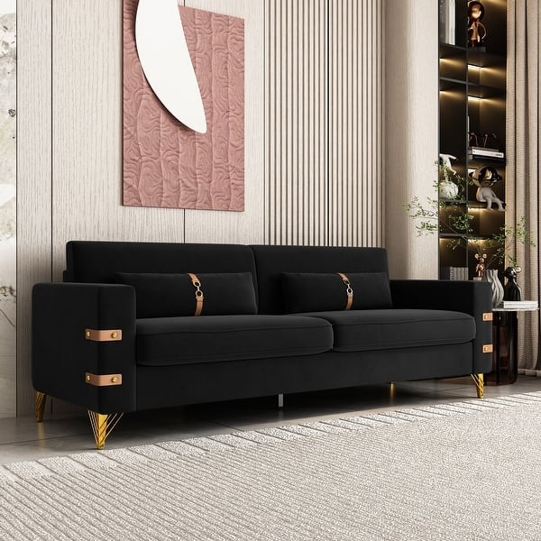 Three-Seater Sofa Velvet Decorative Straps Gold Tapered Legs