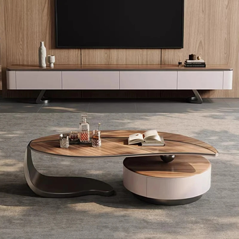 Tiered Coffee Table with Leaf Shaped Top and Integrated Storage