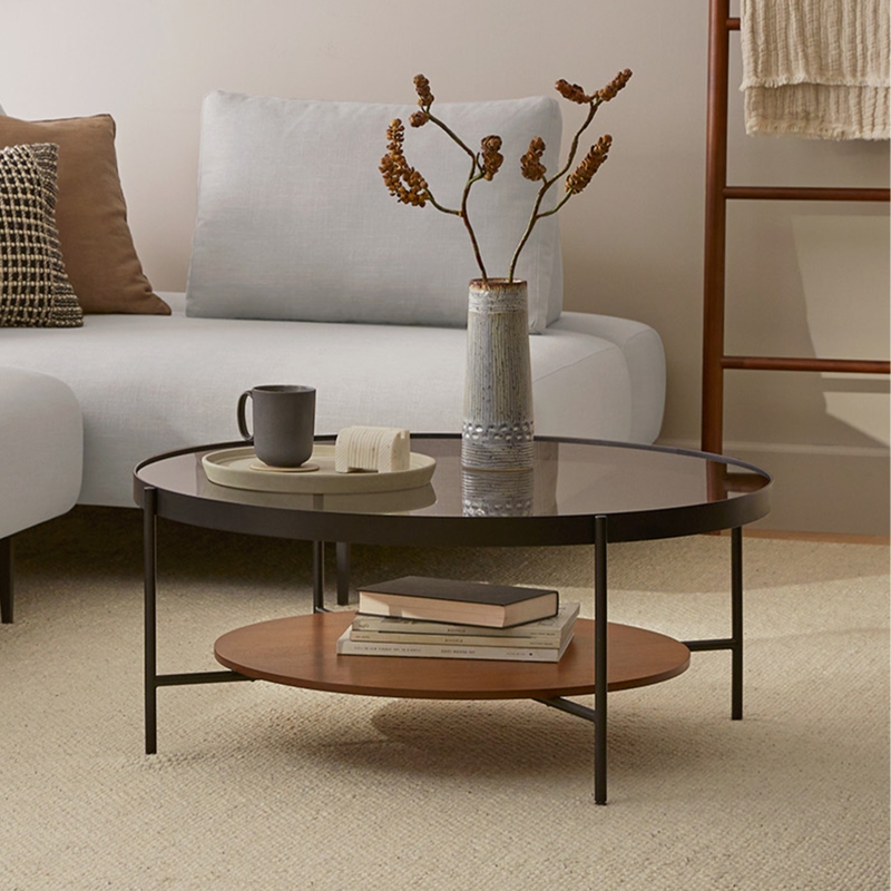 Tiered Coffee Table with Walnut Shelf and Black Metal Frame