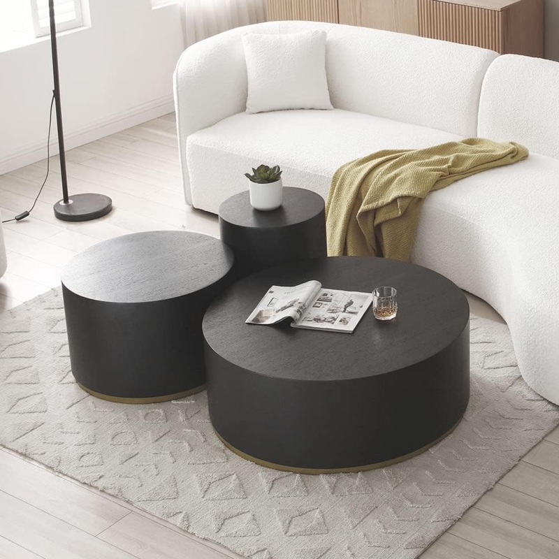 Tiered Drum Coffee Table Set of 3, Matte Wood Grain, Gold Trim Base