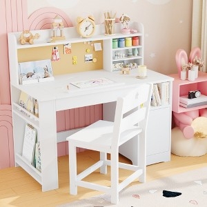 Tiltable Kids Desk Set White Star Cutout Chair Side Cabinet Hutch